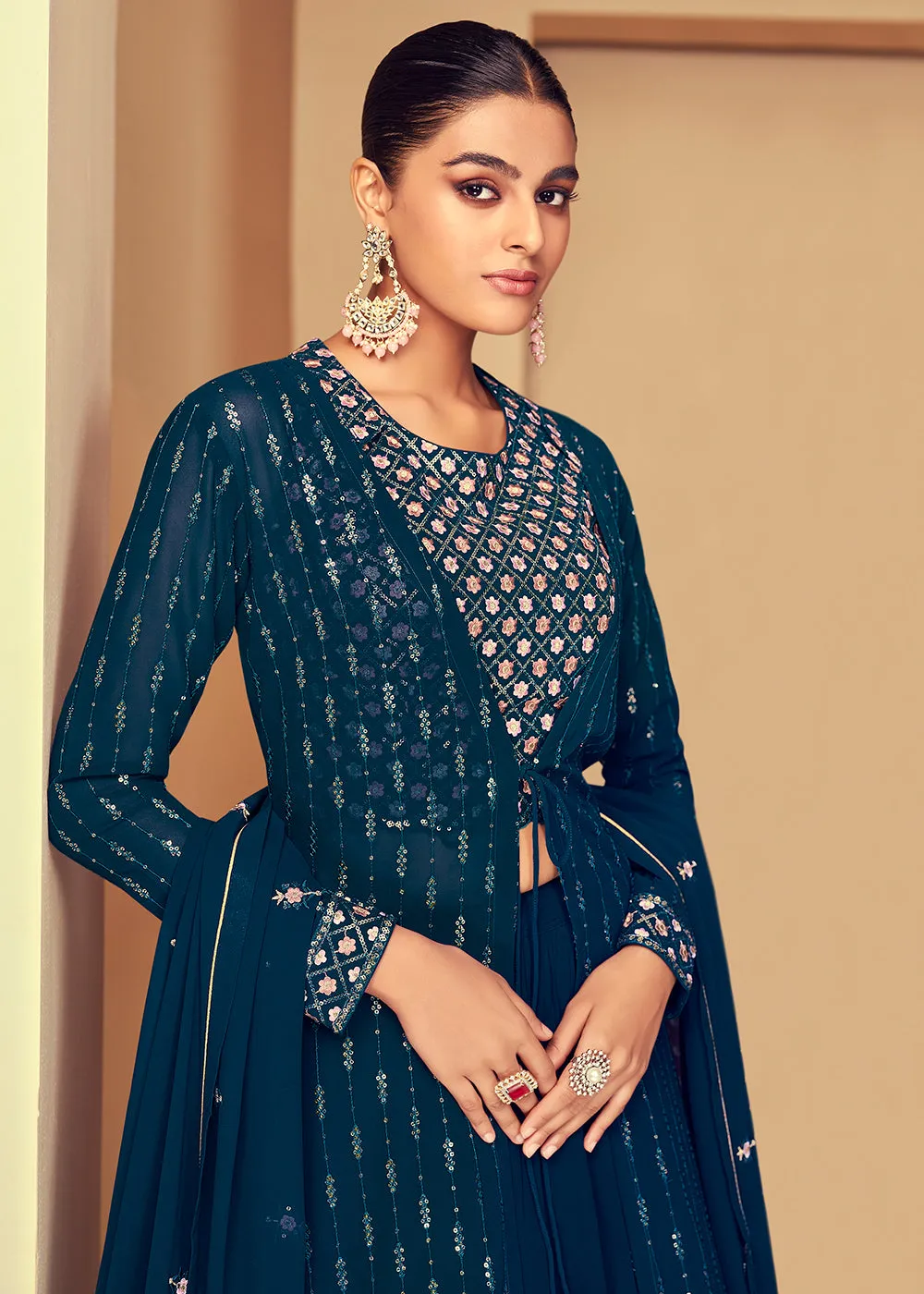 Imperial Navy Blue Jacket Style Party Wear Indo Western Dress