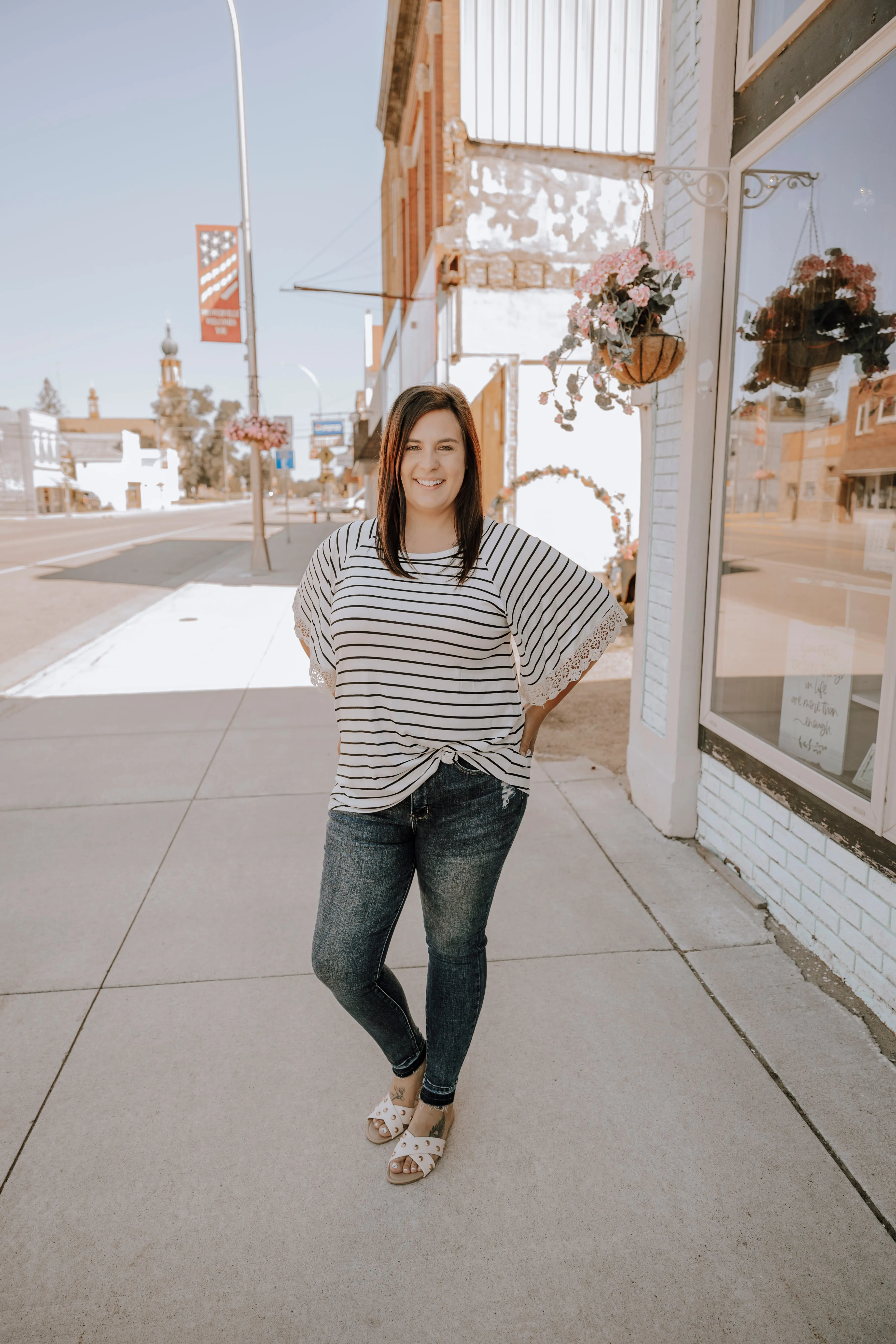 Ivory & Black Striped Crochet Sleeve Detail Top-Plus