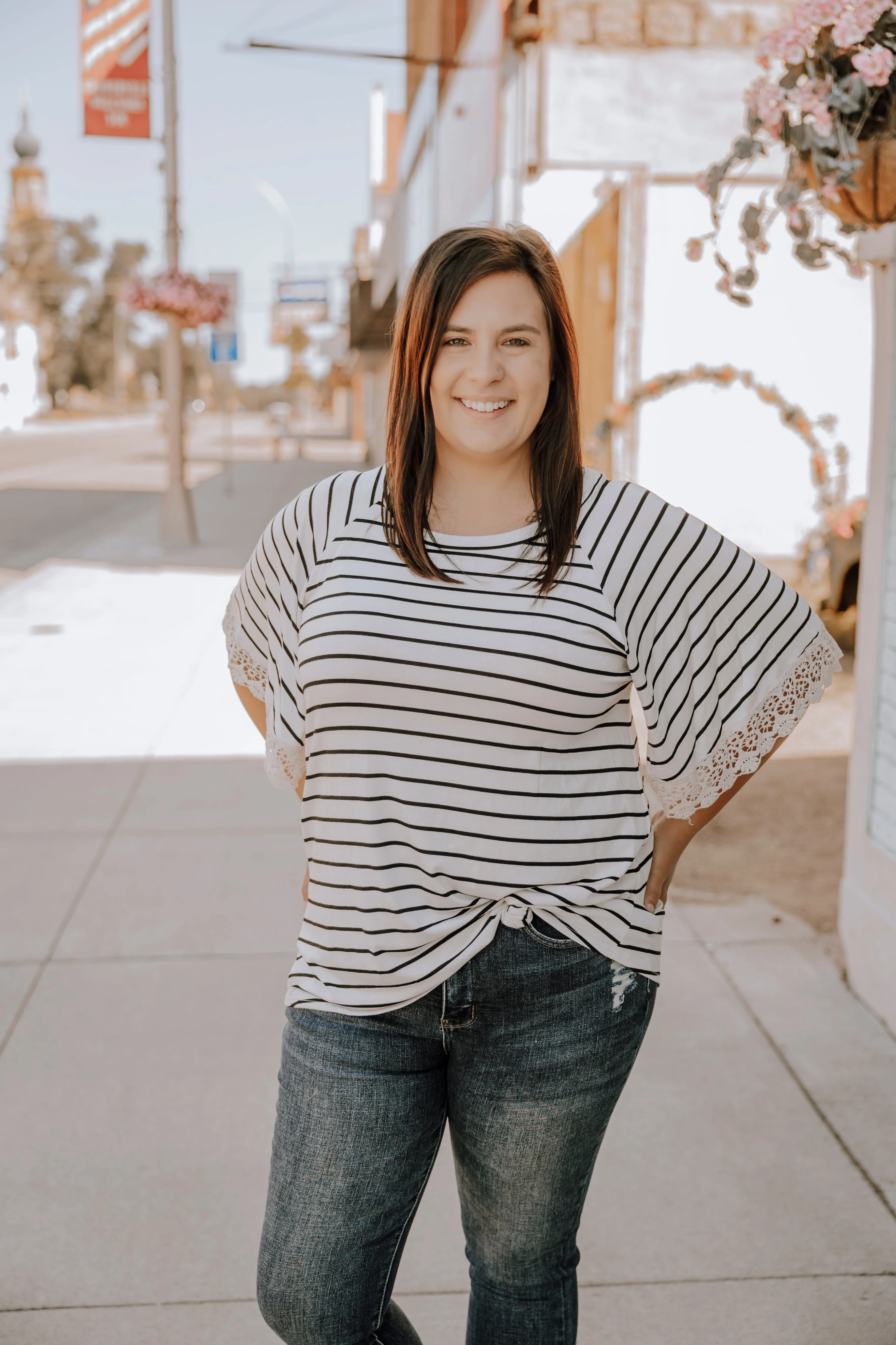 Ivory & Black Striped Crochet Sleeve Detail Top-Plus