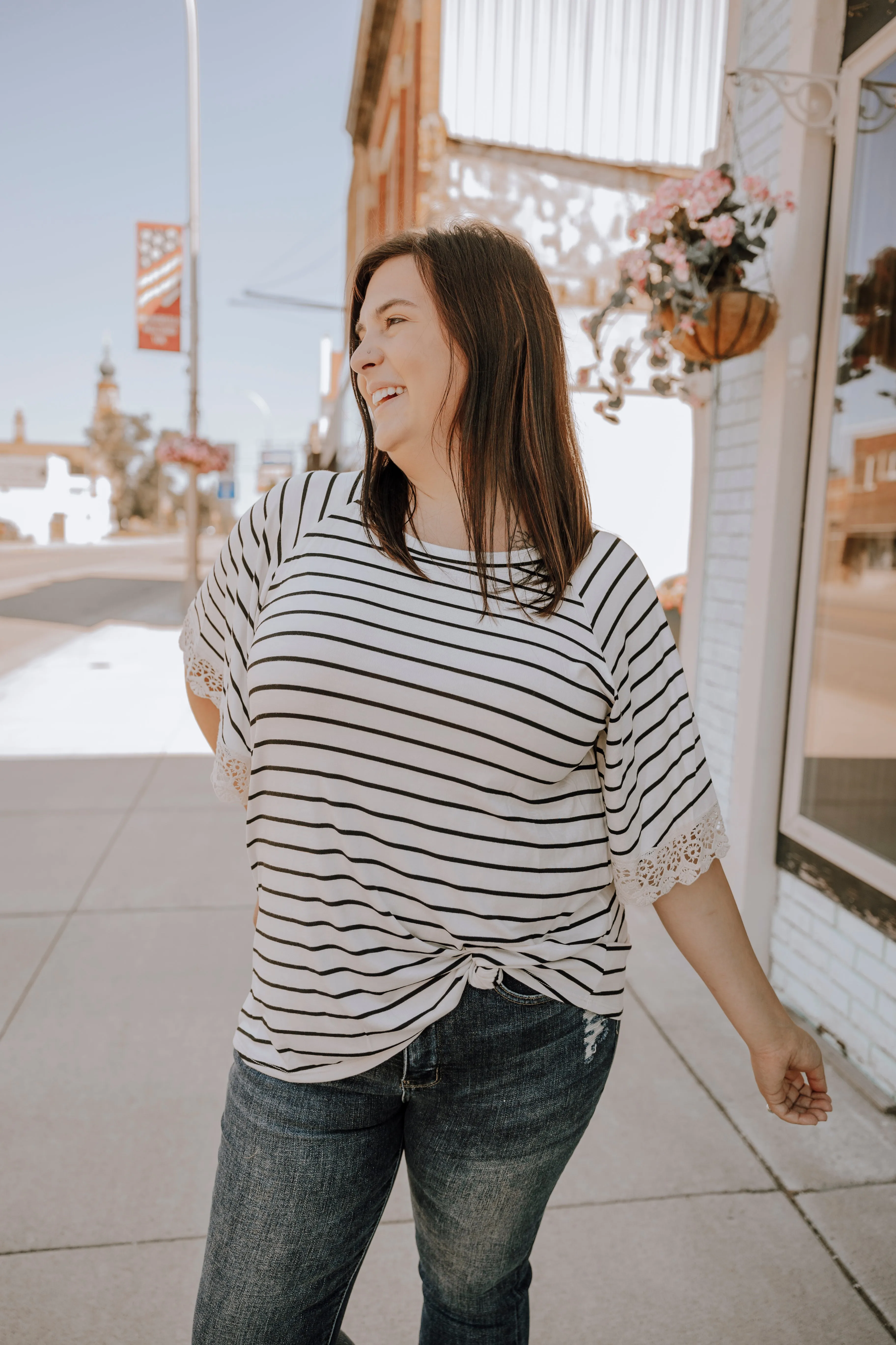 Ivory & Black Striped Crochet Sleeve Detail Top-Plus