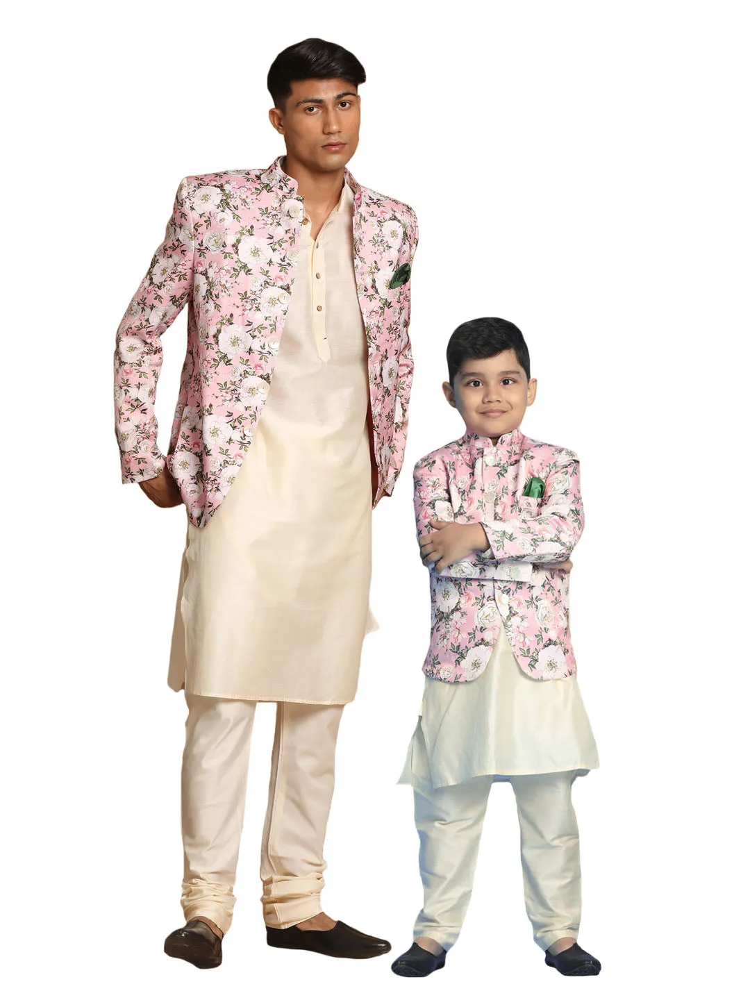 Jashvi Baap Beta Pink Floral Print Jodhpuri With Cream Solid Kurta And Pyjama Set.