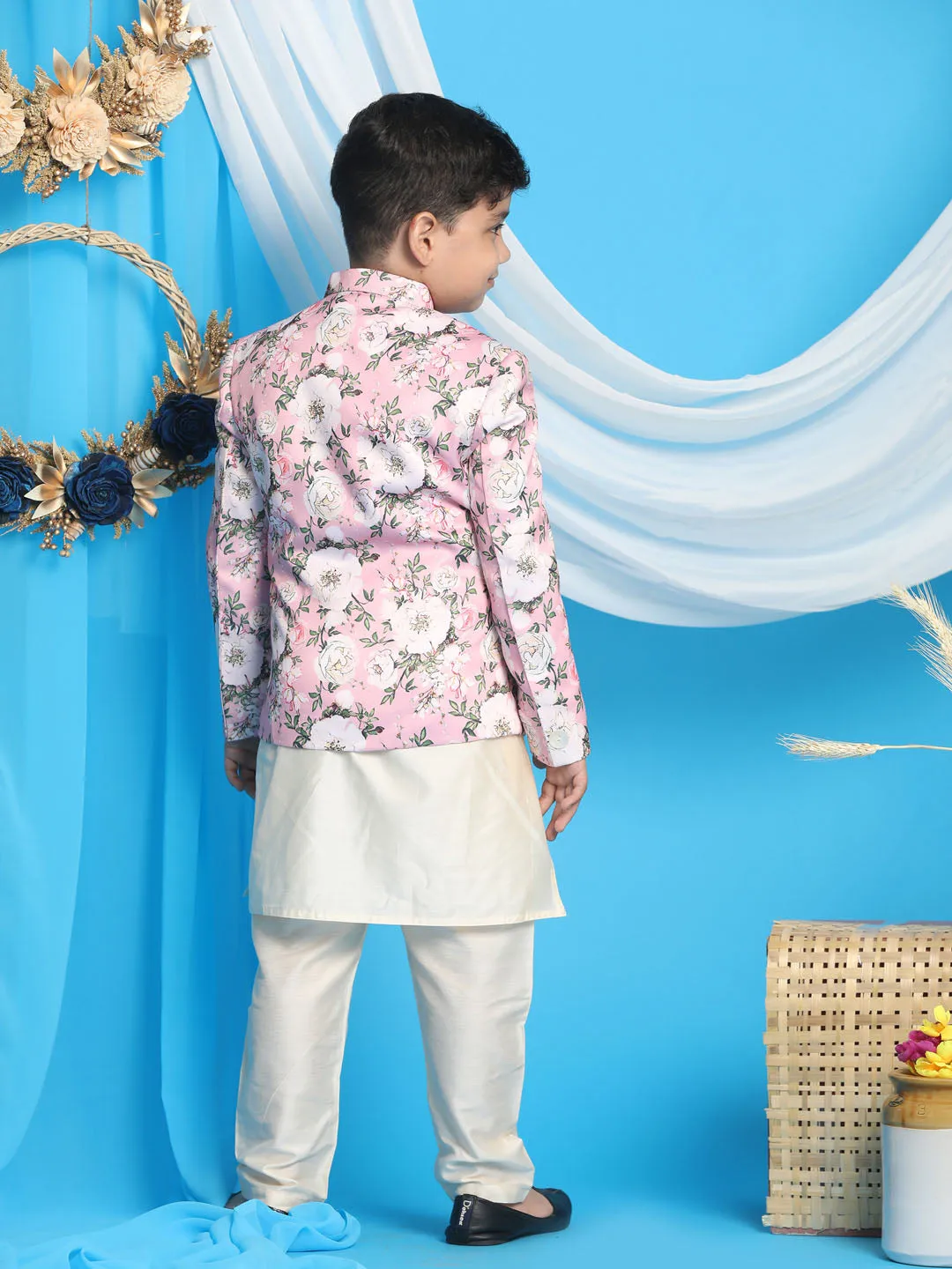 Jashvi Baap Beta Pink Floral Print Jodhpuri With Cream Solid Kurta And Pyjama Set.