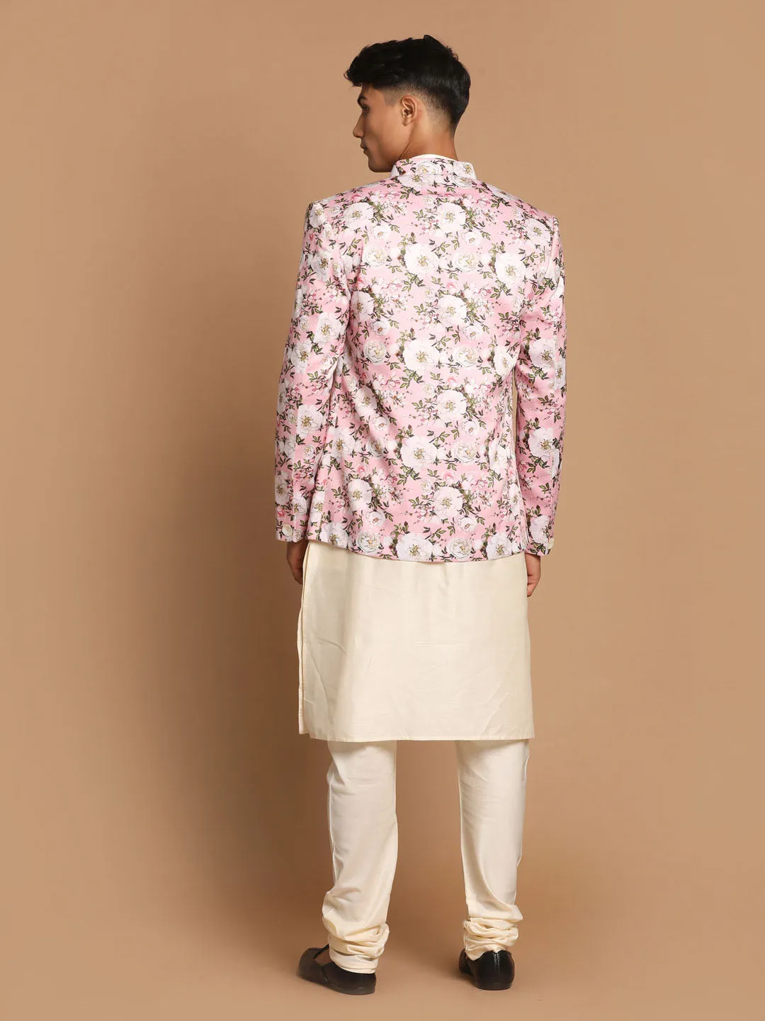 Jashvi Baap Beta Pink Floral Print Jodhpuri With Cream Solid Kurta And Pyjama Set.