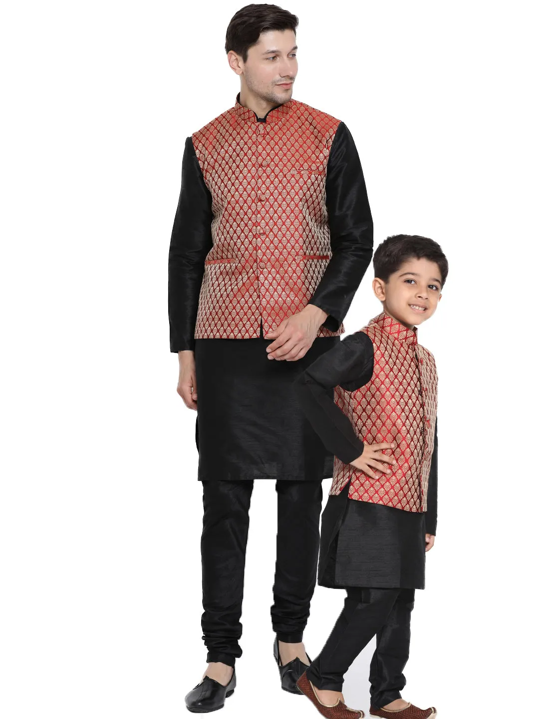 Jashvi Black And Maroon Color Silk Blend Baap Beta Jacket Kurta Pyjama set