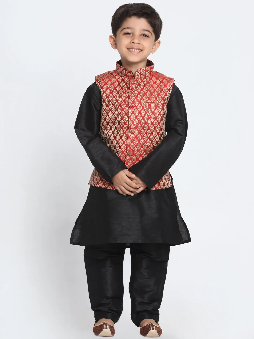 Jashvi Black And Maroon Color Silk Blend Baap Beta Jacket Kurta Pyjama set