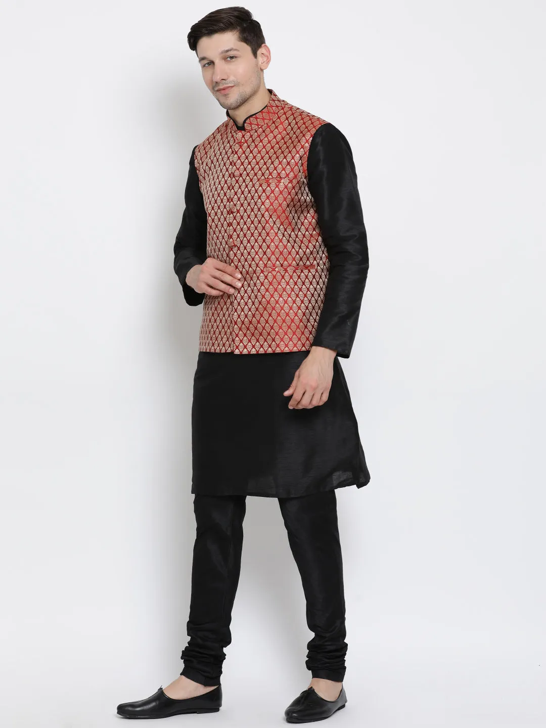 Jashvi Black And Maroon Color Silk Blend Baap Beta Jacket Kurta Pyjama set