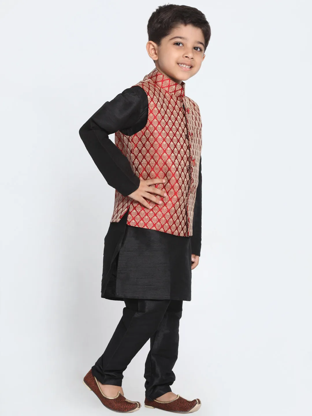 Jashvi Black And Maroon Color Silk Blend Baap Beta Jacket Kurta Pyjama set