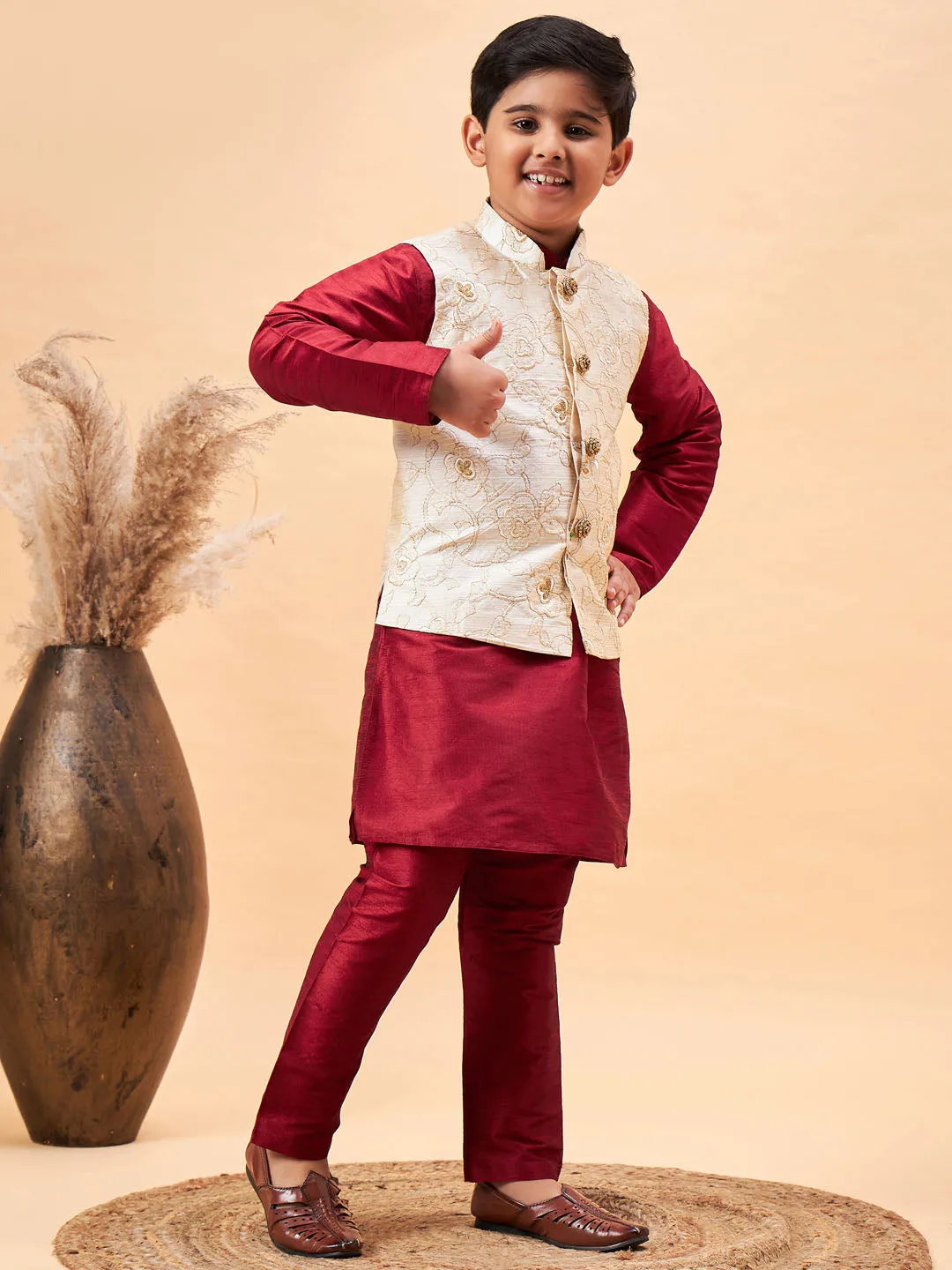 Jashvi Boy's Beige Woven Jacket With Maroon Kurta and Pyjama Set