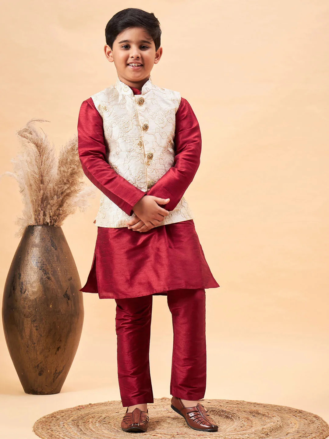 Jashvi Boy's Beige Woven Jacket With Maroon Kurta and Pyjama Set