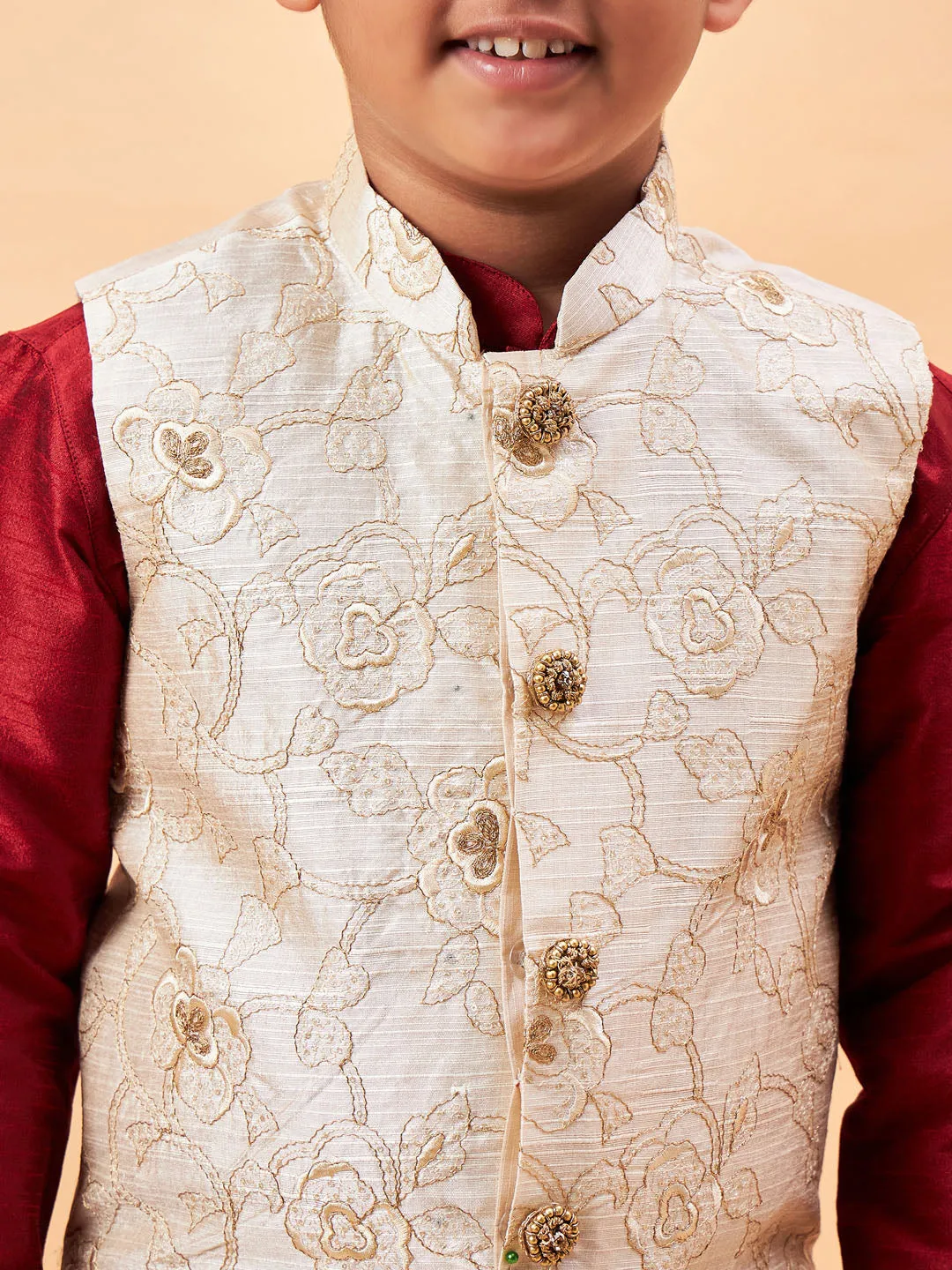 Jashvi Boy's Beige Woven Jacket With Maroon Kurta and Pyjama Set