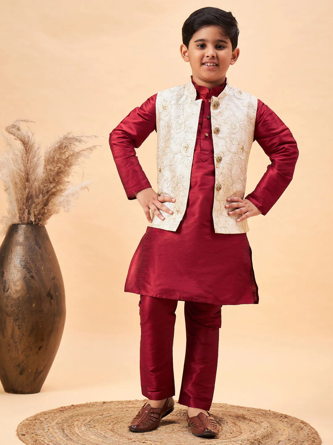 Jashvi Boy's Beige Woven Jacket With Maroon Kurta and Pyjama Set