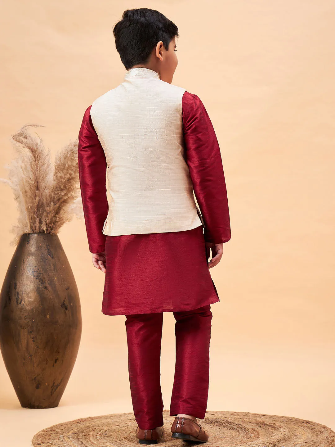 Jashvi Boy's Beige Woven Jacket With Maroon Kurta and Pyjama Set