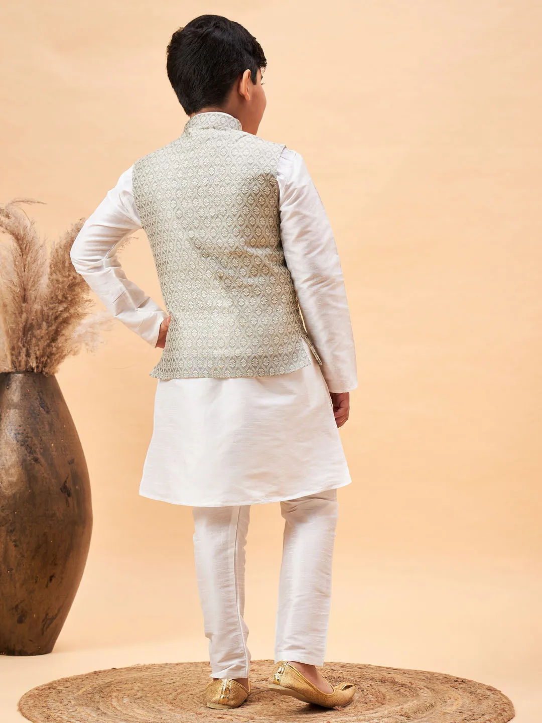 Jashvi Boy's Beige Woven Jacket With White Kurta and Pyjama Set