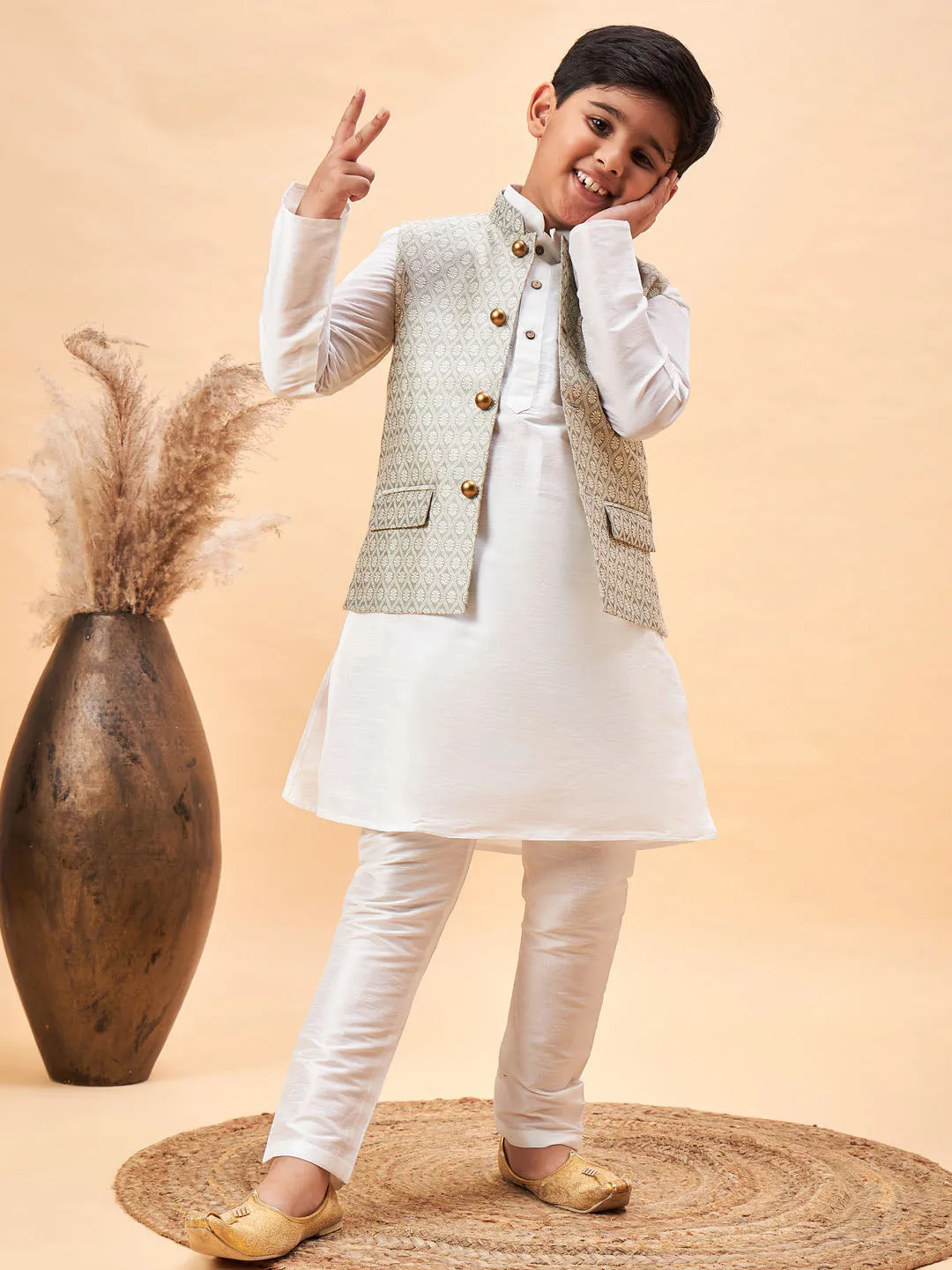 Jashvi Boy's Beige Woven Jacket With White Kurta and Pyjama Set