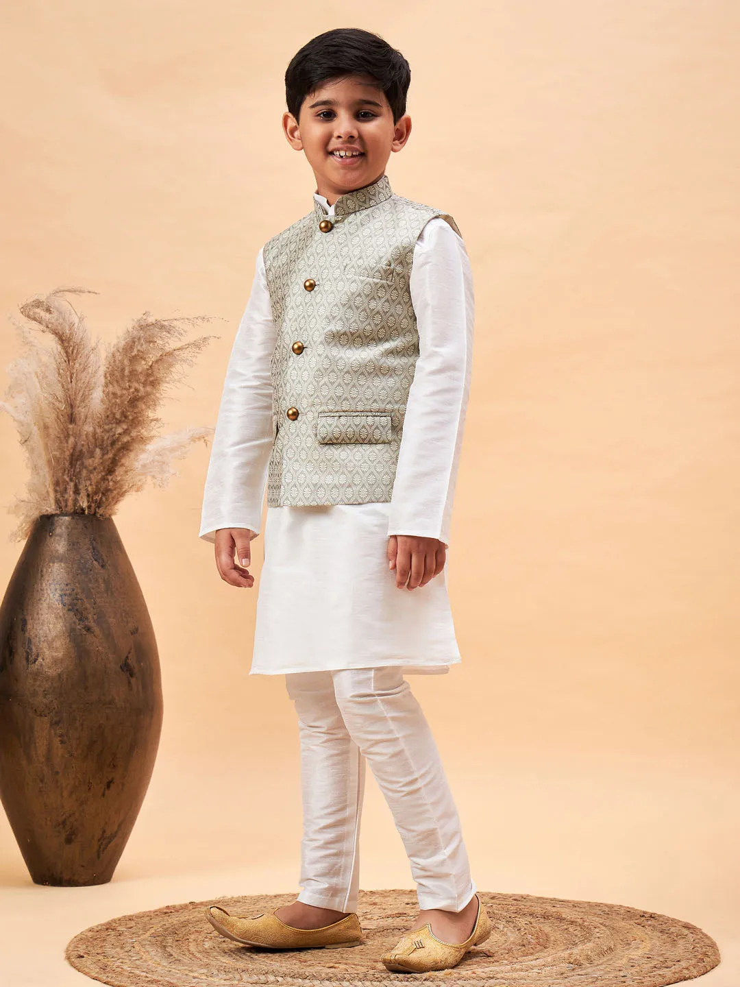 Jashvi Boy's Beige Woven Jacket With White Kurta and Pyjama Set