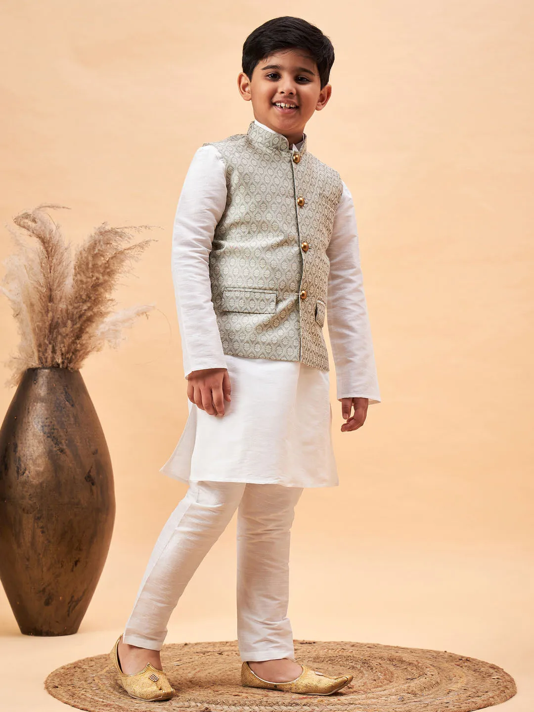 Jashvi Boy's Beige Woven Jacket With White Kurta and Pyjama Set