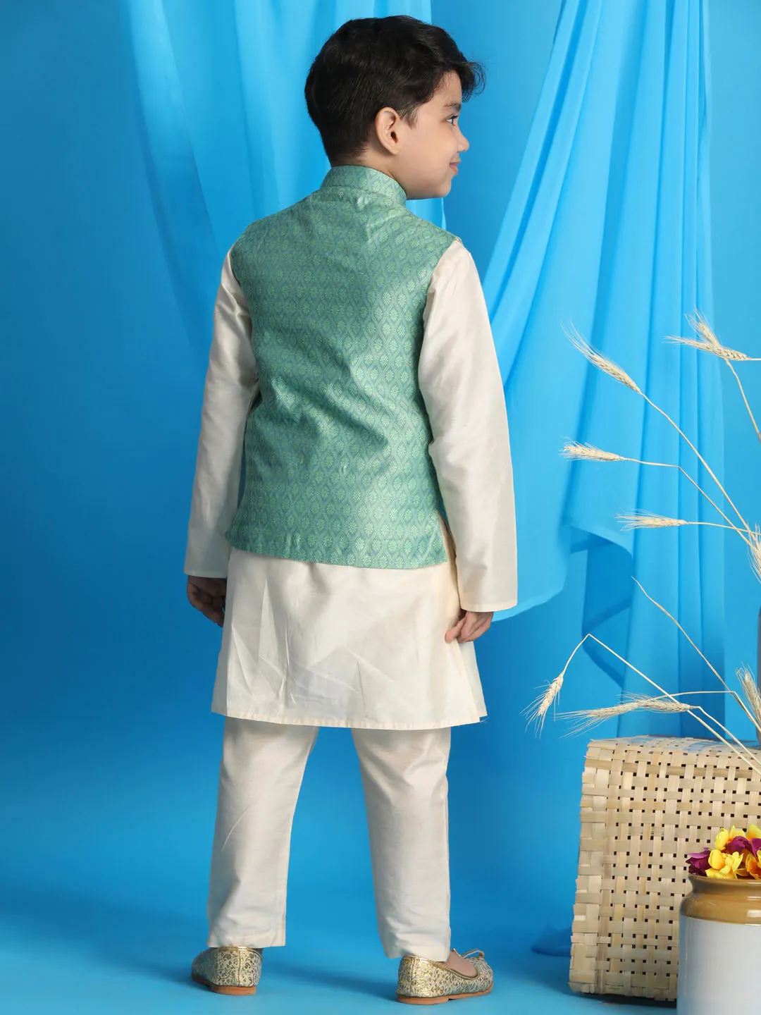 Jashvi Boy's Light Green Woven Jacket With Cream Kurta and Pyjama Set