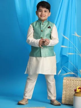 Jashvi Boy's Light Green Woven Jacket With Cream Kurta and Pyjama Set