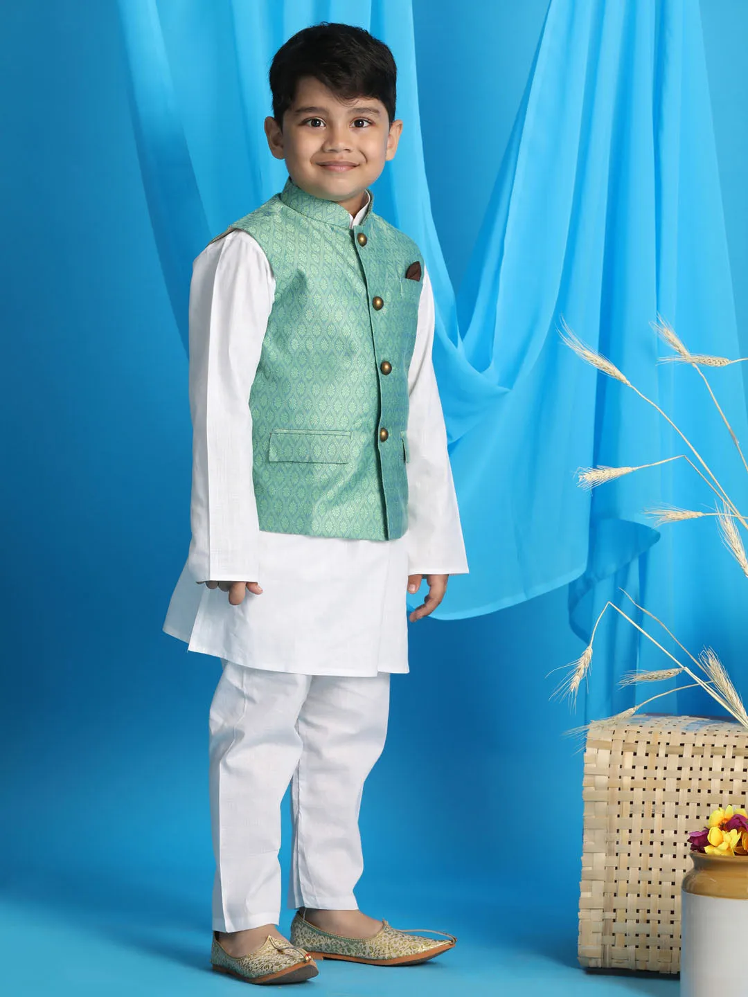 Jashvi Boy's Light Green Woven Jacket With White Kurta and Pyjama Set