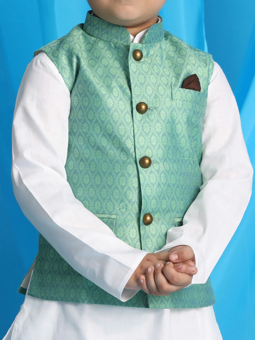 Jashvi Boy's Light Green Woven Jacket With White Kurta and Pyjama Set