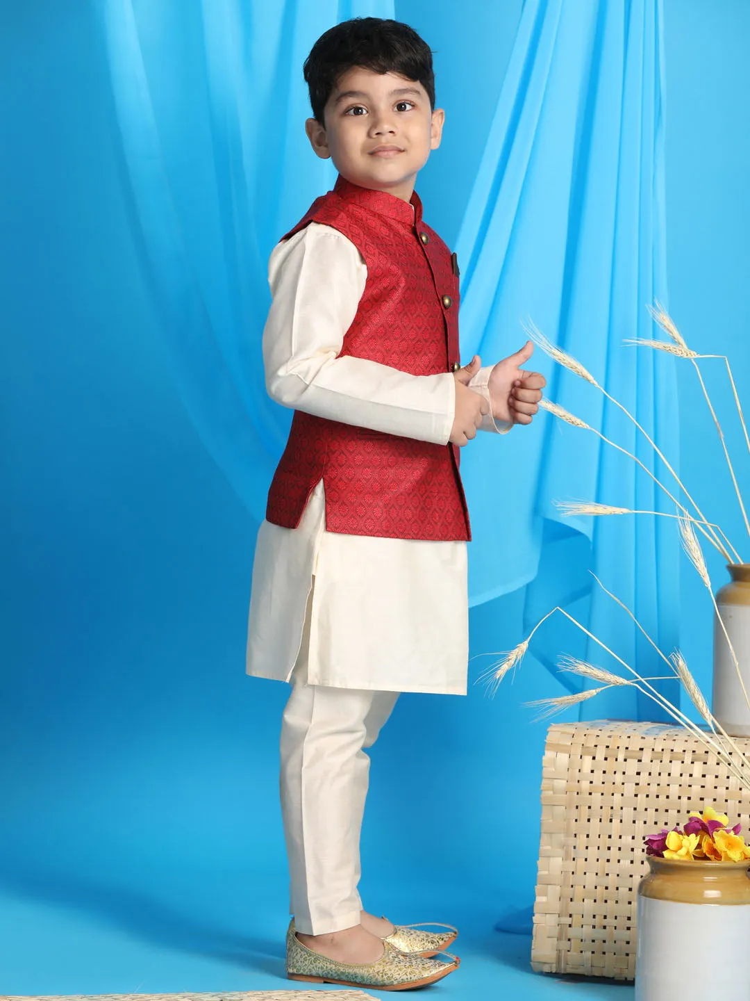 Jashvi Boy's Maroon Woven Jacket With Cream Kurta and Pyjama Set