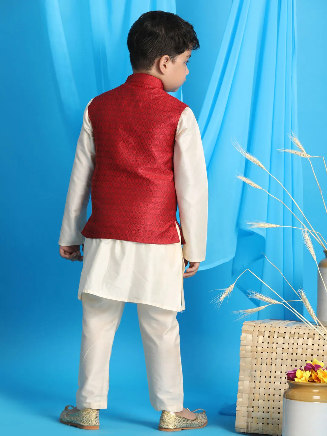 Jashvi Boy's Maroon Woven Jacket With Cream Kurta and Pyjama Set