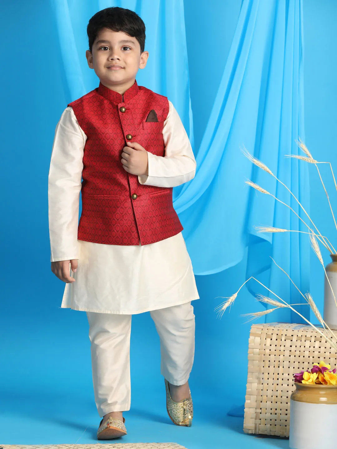 Jashvi Boy's Maroon Woven Jacket With Cream Kurta and Pyjama Set