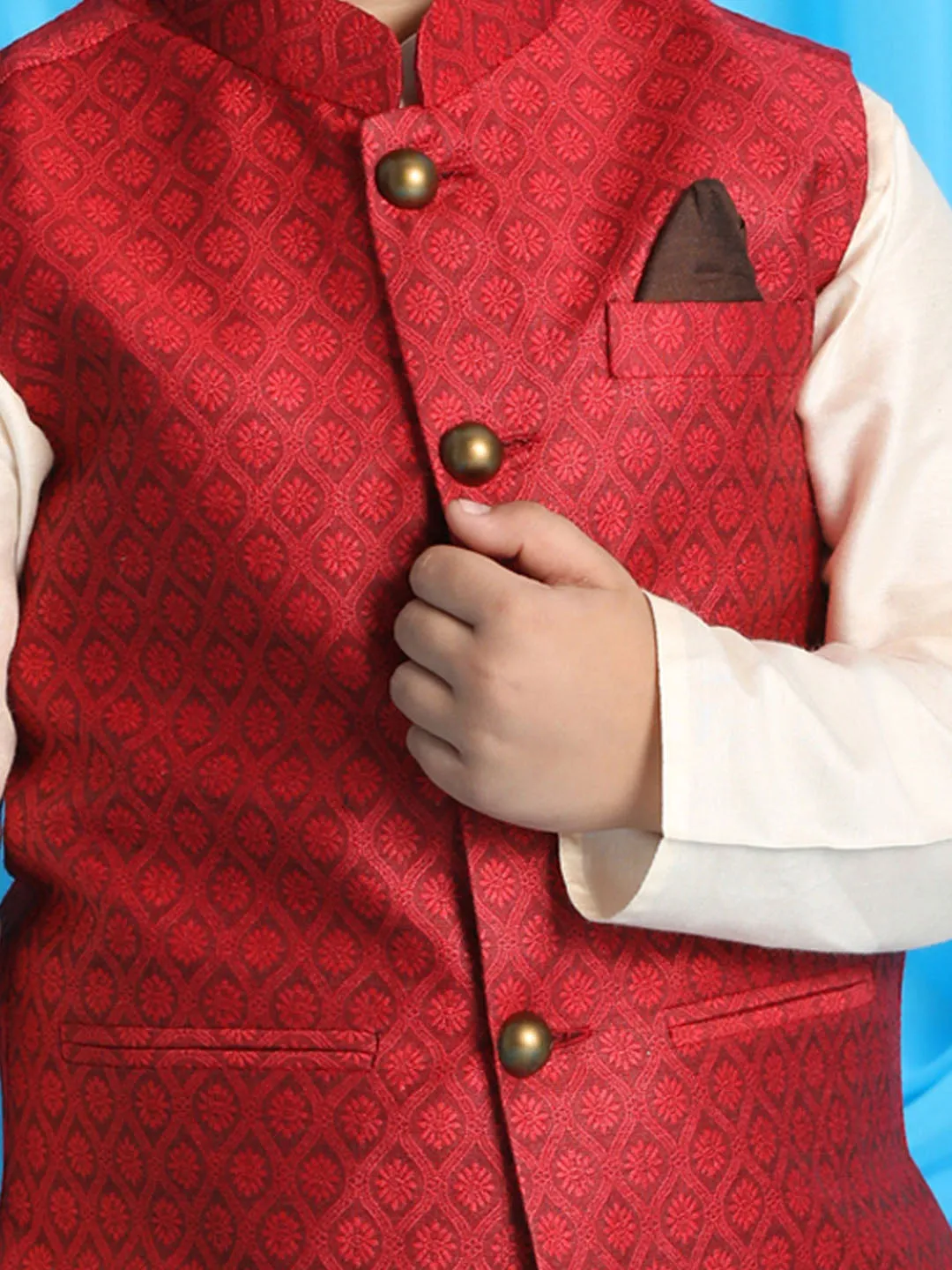 Jashvi Boy's Maroon Woven Jacket With Cream Kurta and Pyjama Set