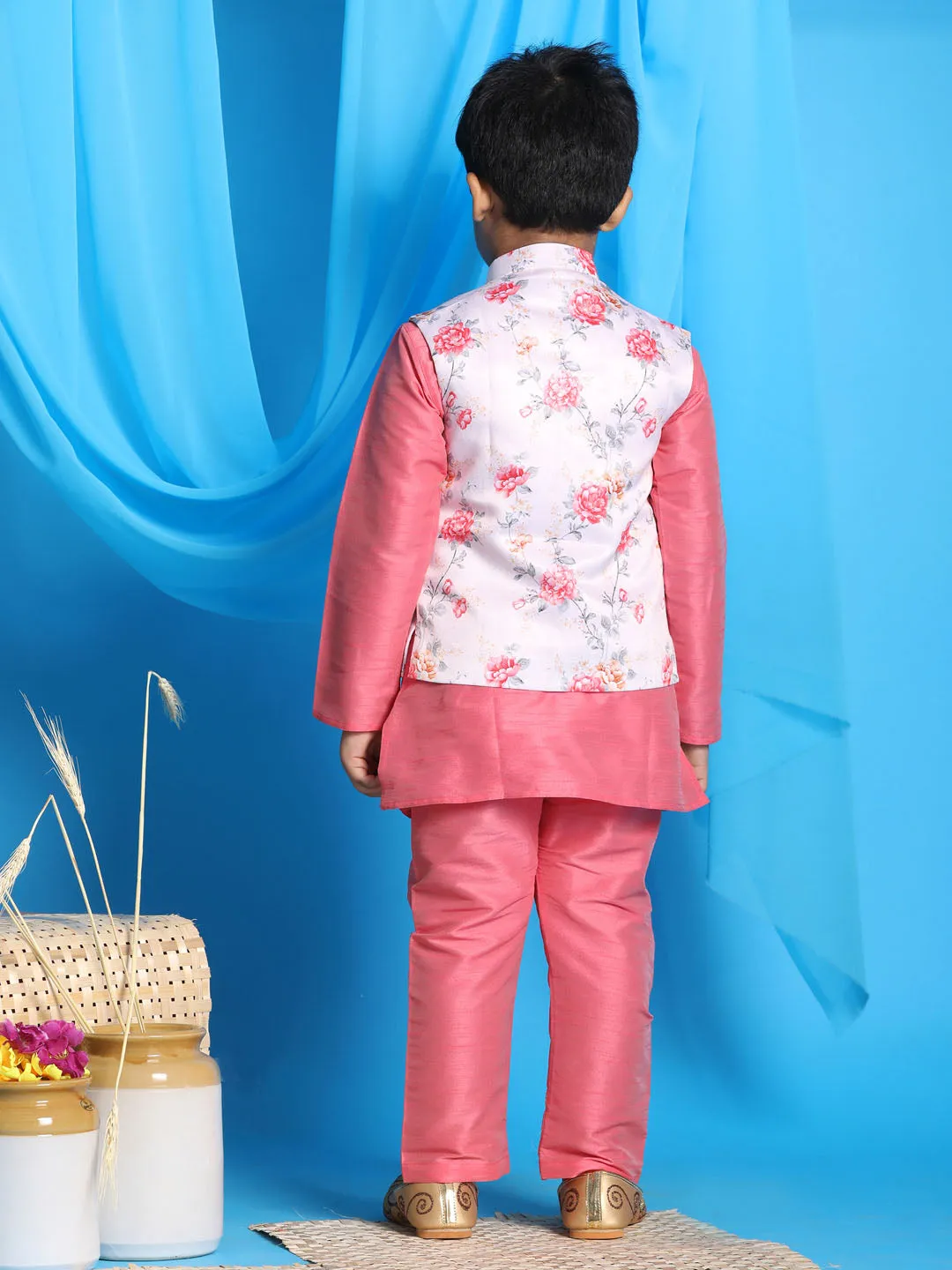 Jashvi Boy's Peach Floral Print Jacket With Pink Kurta and Pyjama Set