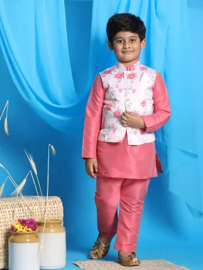 Jashvi Boy's Peach Floral Print Jacket With Pink Kurta and Pyjama Set