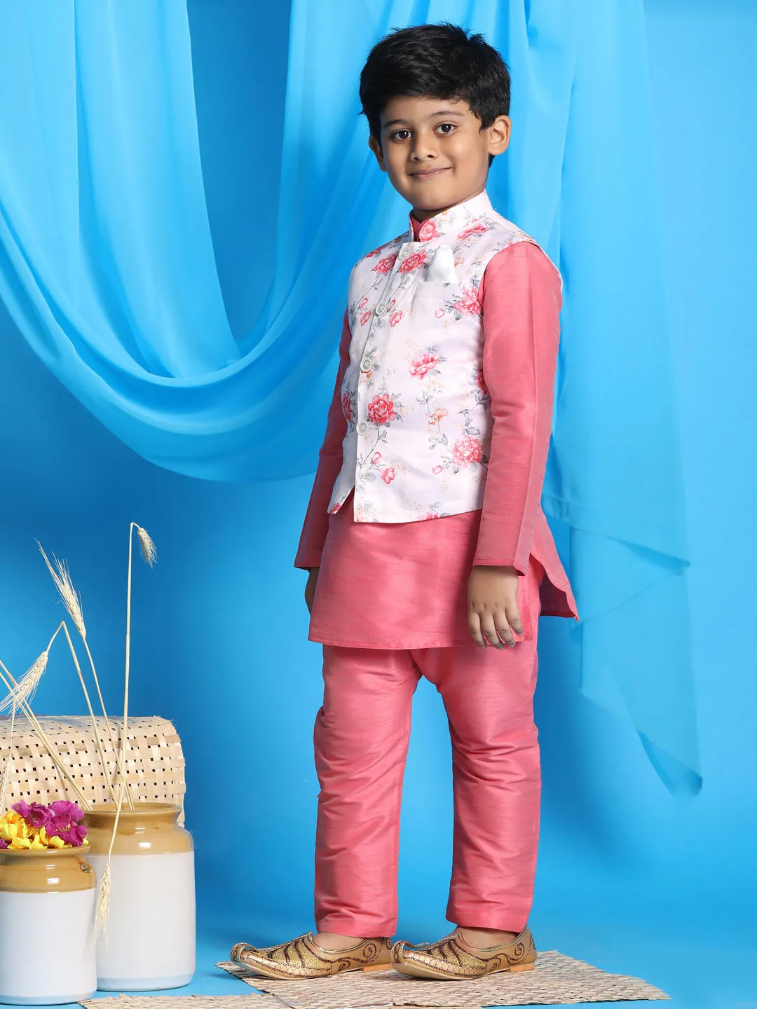 Jashvi Boy's Peach Floral Print Jacket With Pink Kurta and Pyjama Set