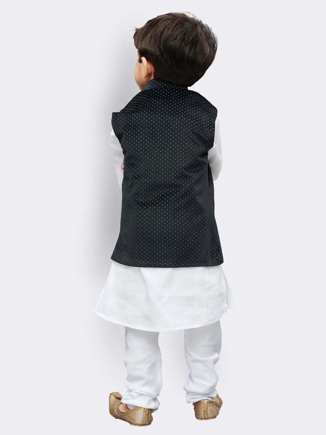 Jashvi Cotton White And Black Baap Beta Jacket Kurta Pyjama set