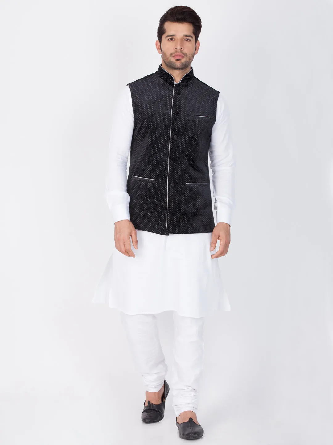 Jashvi Cotton White And Black Baap Beta Jacket Kurta Pyjama set