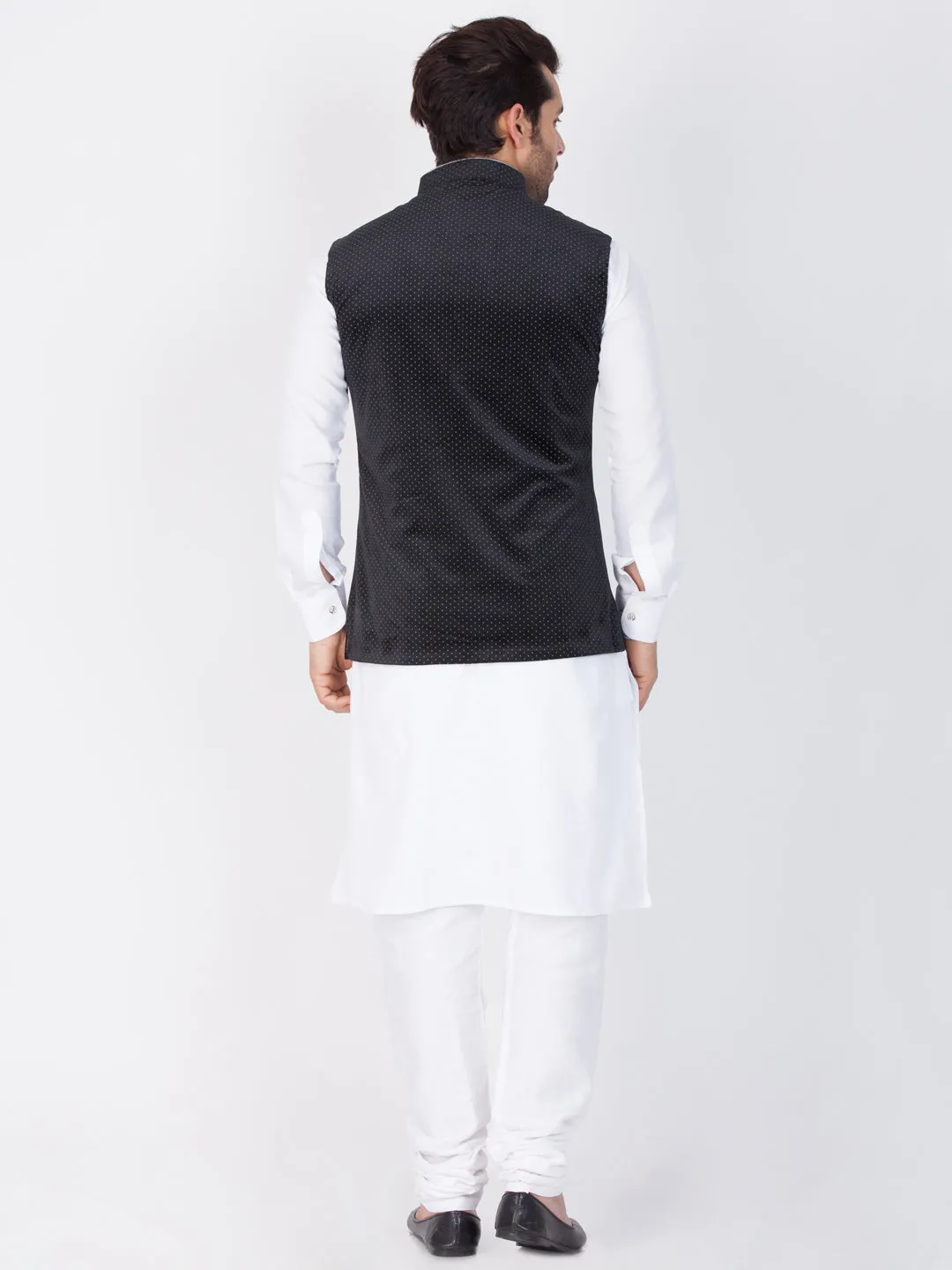 Jashvi Cotton White And Black Baap Beta Jacket Kurta Pyjama set