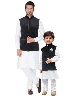 Jashvi Cotton White And Black Baap Beta Jacket Kurta Pyjama set