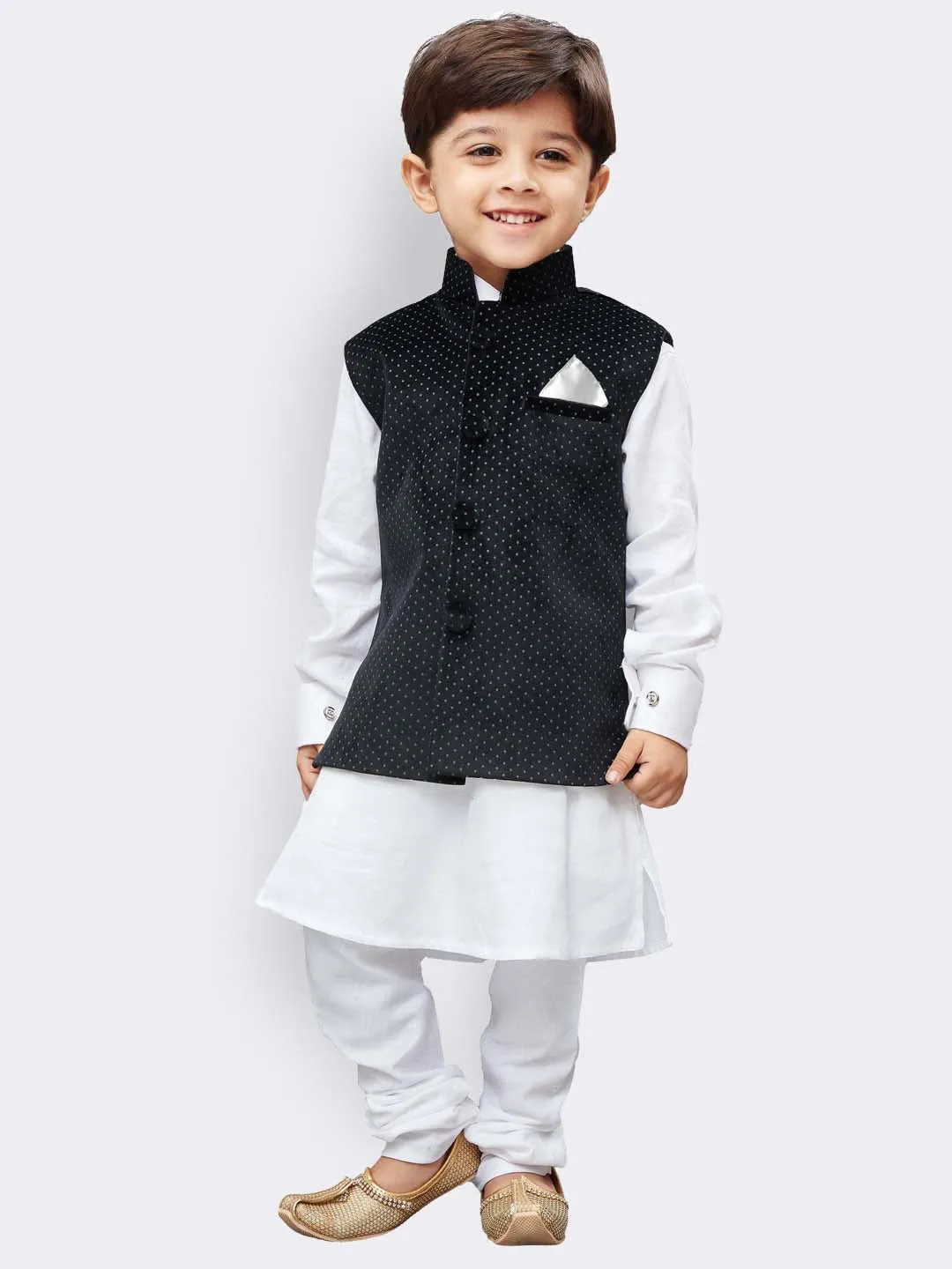 Jashvi Cotton White And Black Baap Beta Jacket Kurta Pyjama set