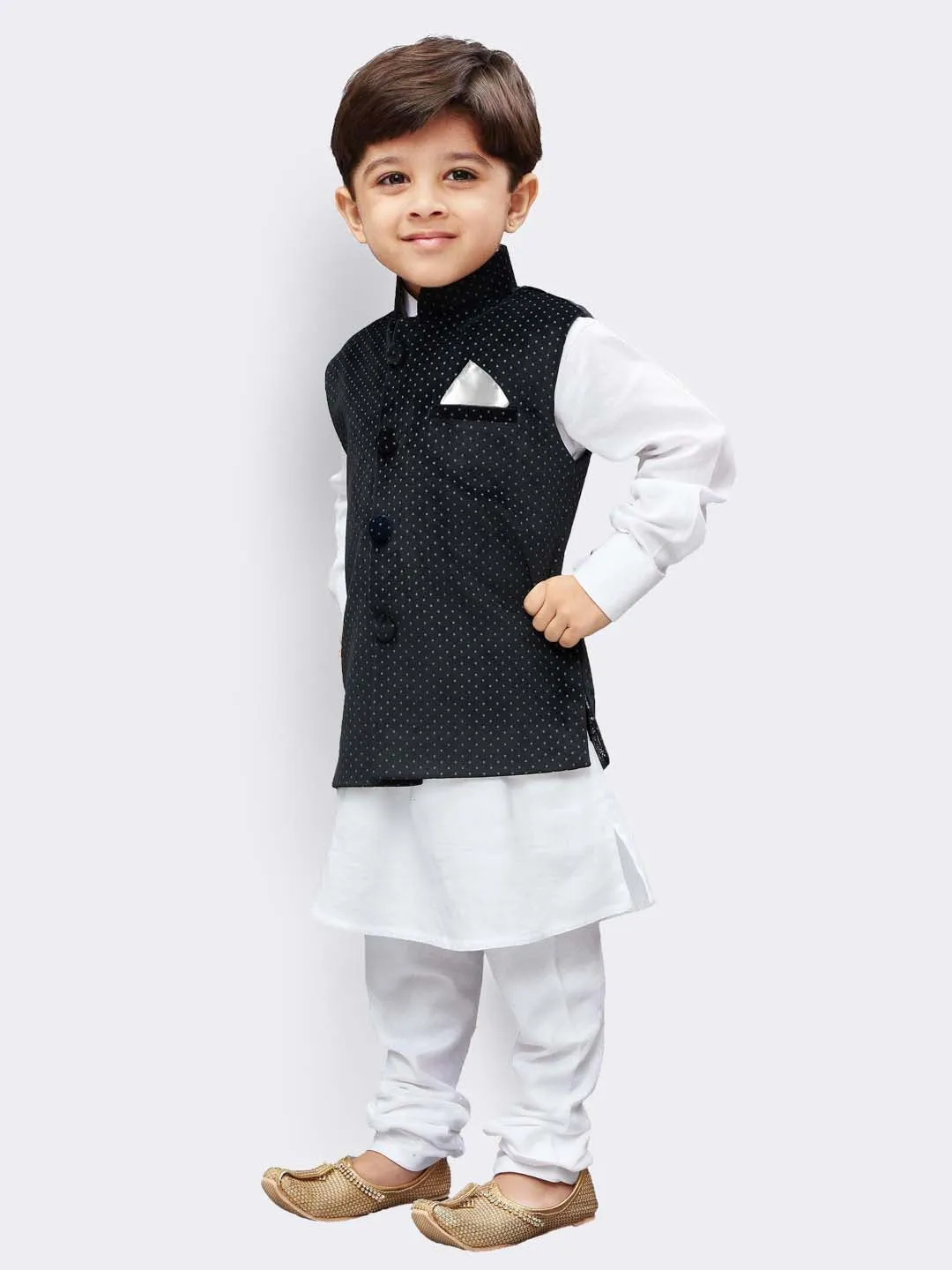 Jashvi Cotton White And Black Baap Beta Jacket Kurta Pyjama set