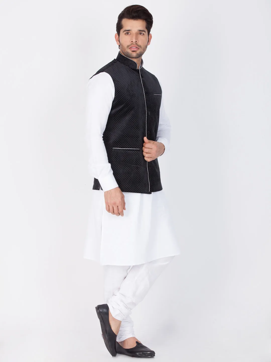 Jashvi Cotton White And Black Baap Beta Jacket Kurta Pyjama set