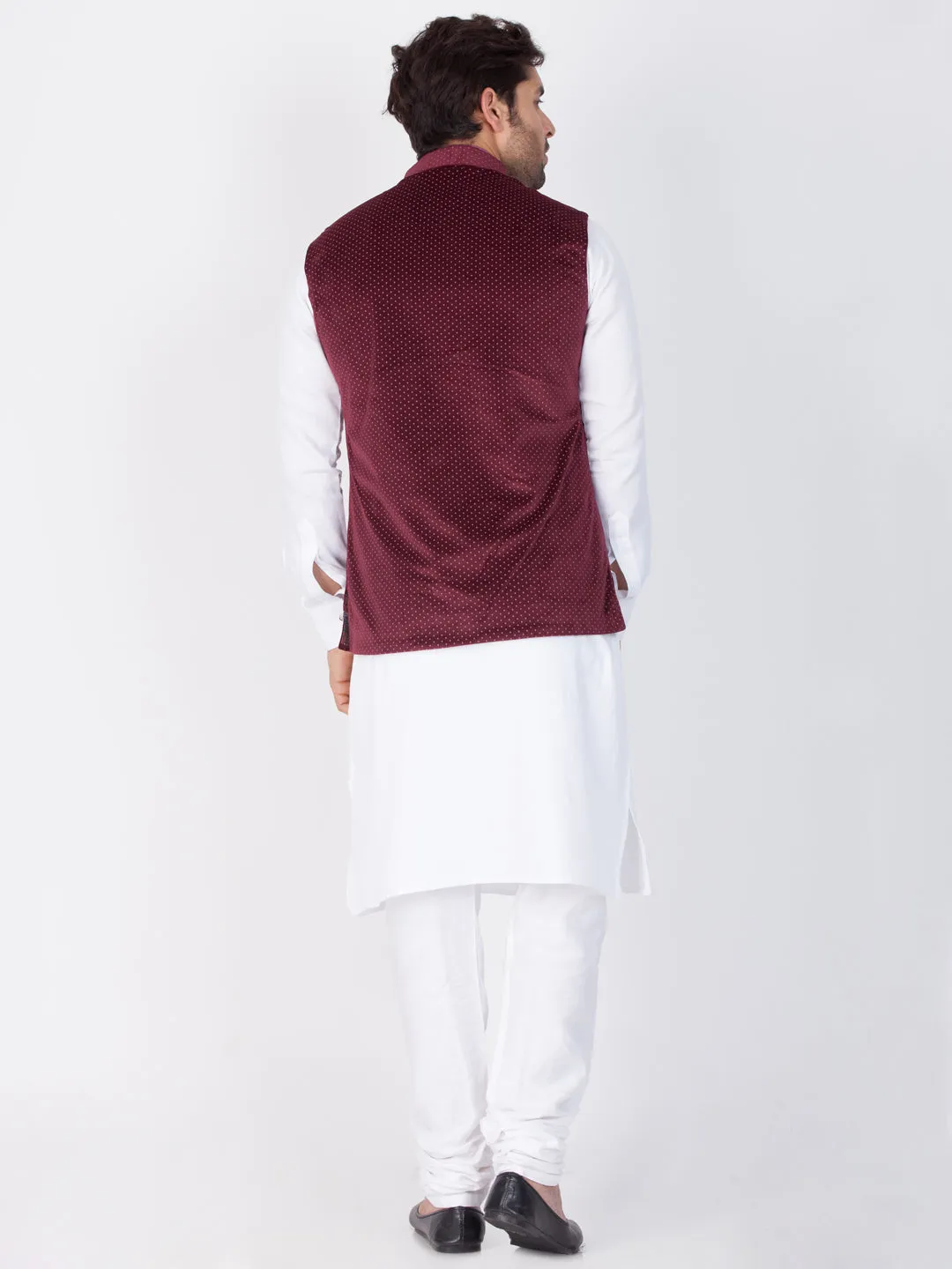 Jashvi Cotton White And Maroon Baap Beta Jacket Kurta Pyjama set