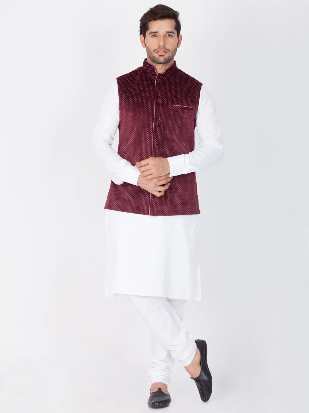 Jashvi Cotton White And Maroon Baap Beta Jacket Kurta Pyjama set