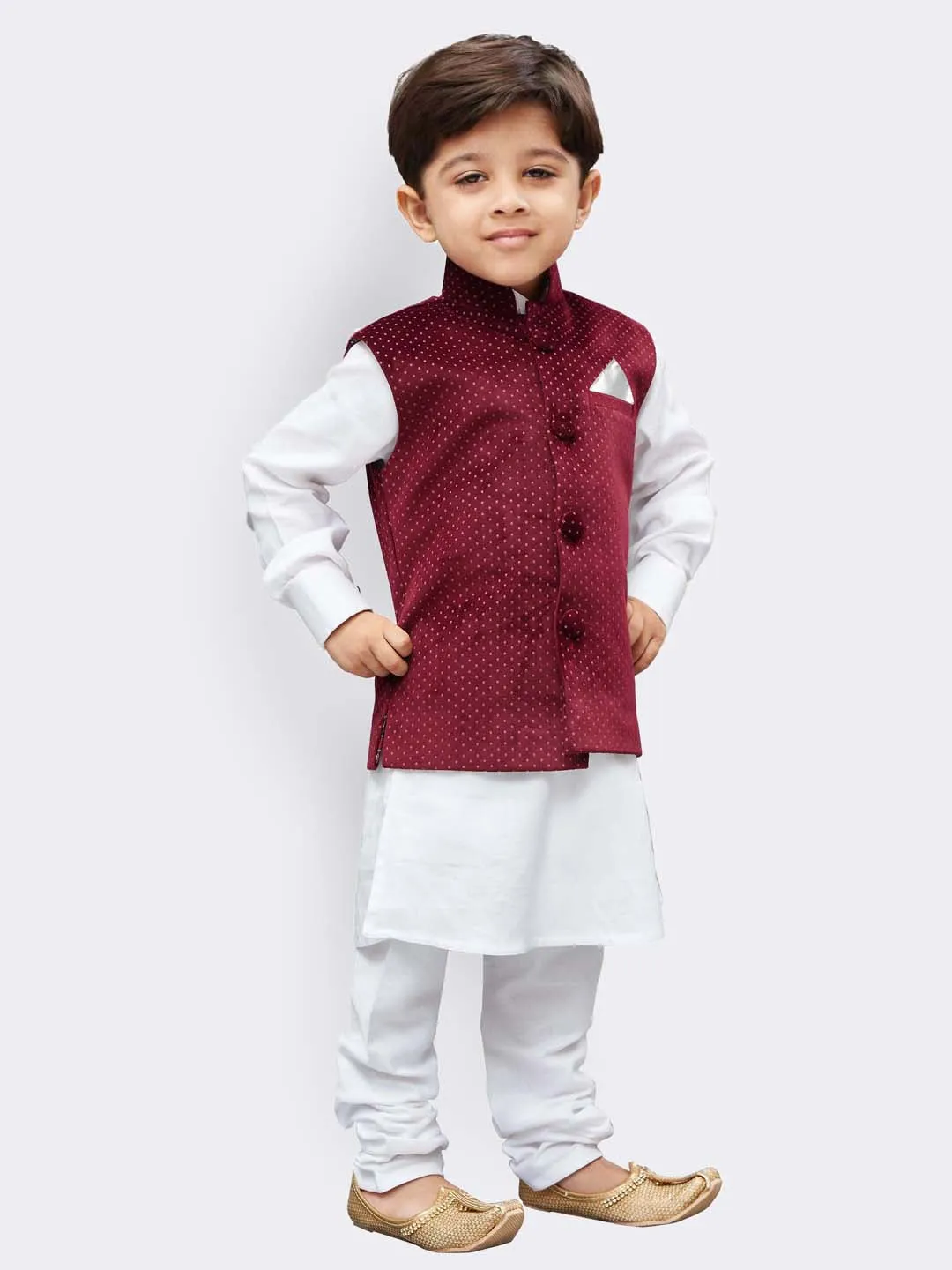 Jashvi Cotton White And Maroon Baap Beta Jacket Kurta Pyjama set