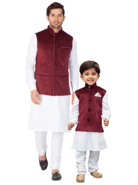 Jashvi Cotton White And Maroon Baap Beta Jacket Kurta Pyjama set