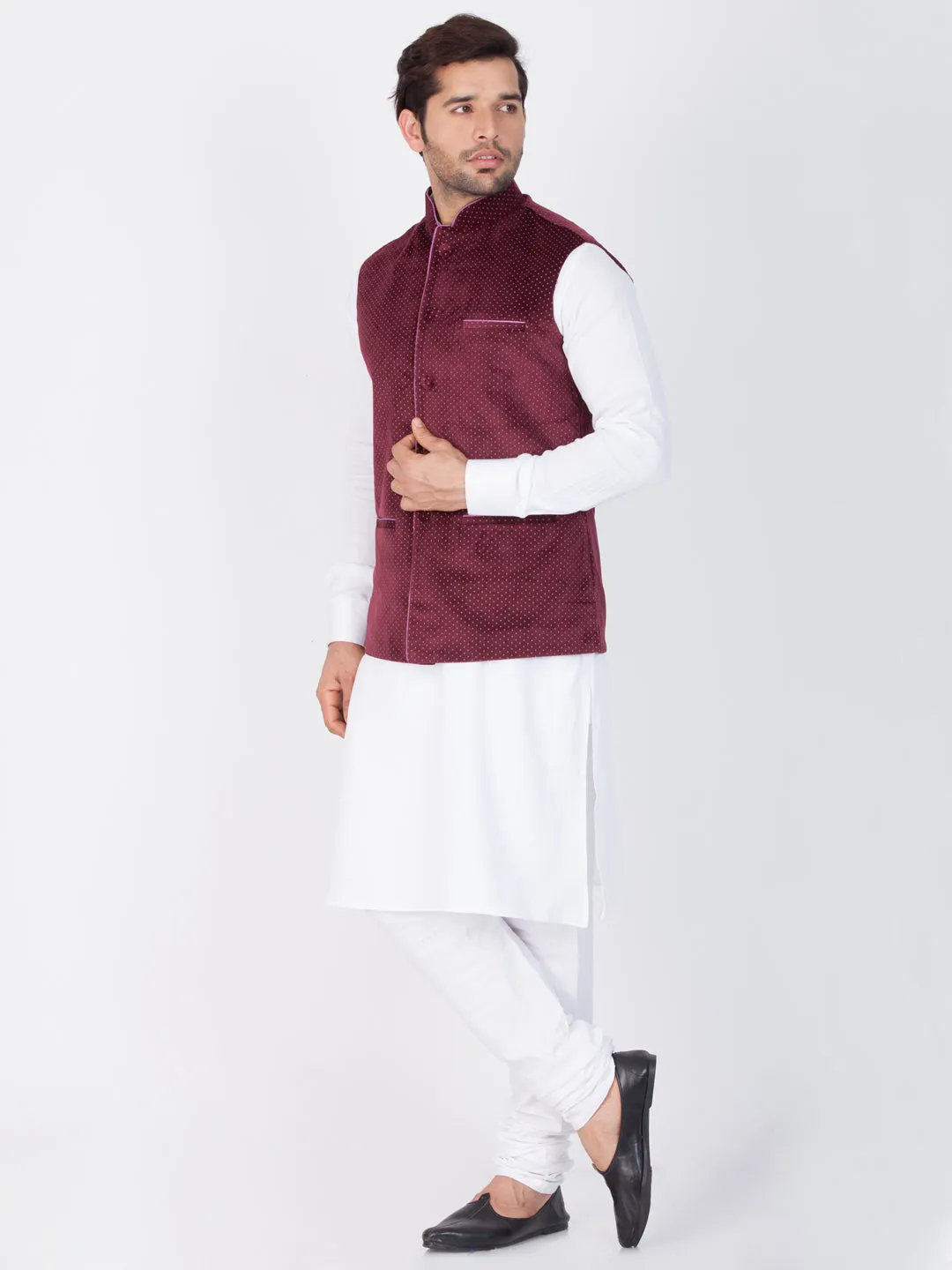 Jashvi Cotton White And Maroon Baap Beta Jacket Kurta Pyjama set