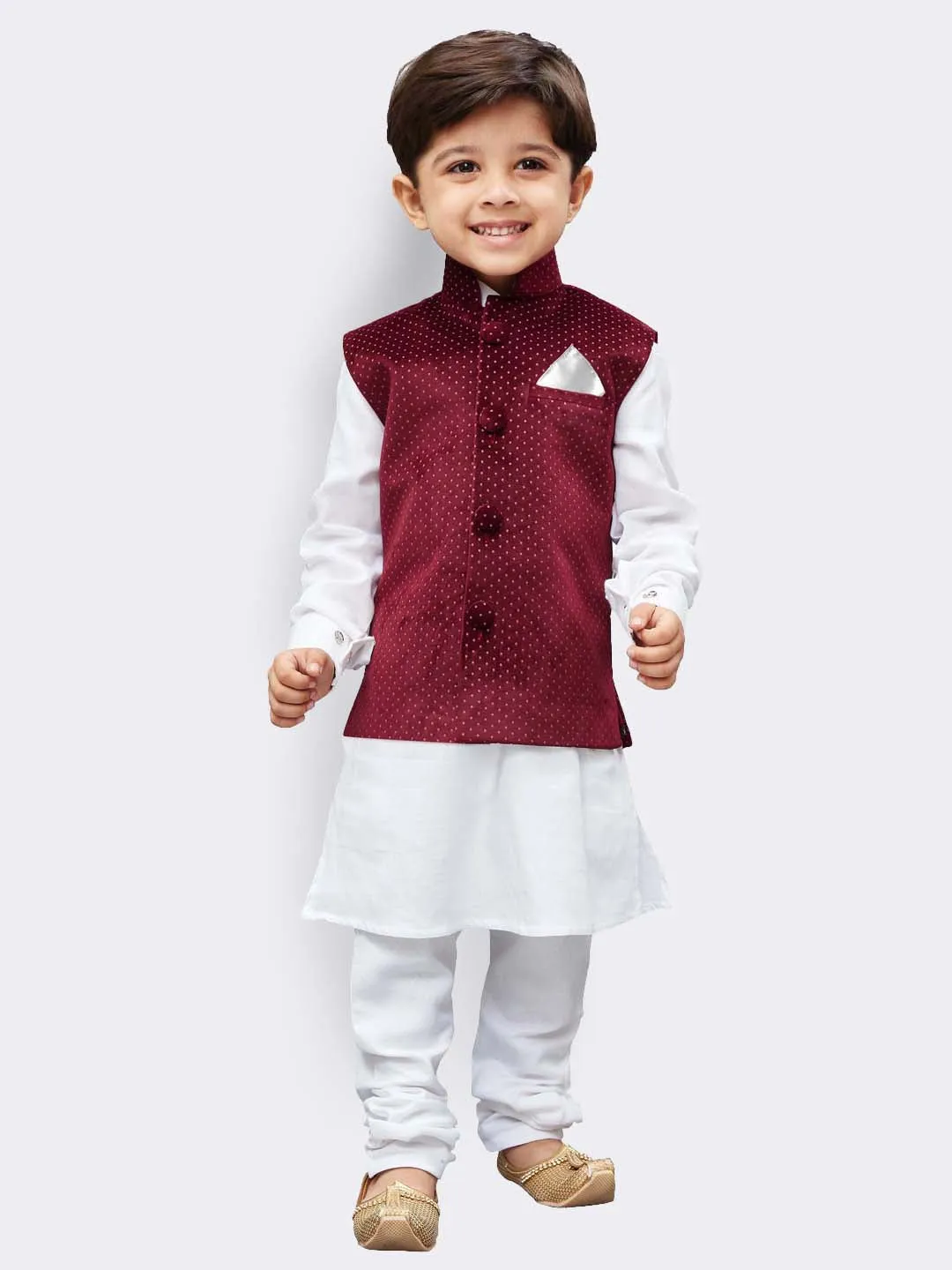 Jashvi Cotton White And Maroon Baap Beta Jacket Kurta Pyjama set