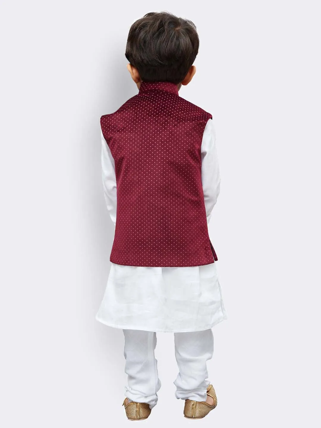 Jashvi Cotton White And Maroon Baap Beta Jacket Kurta Pyjama set