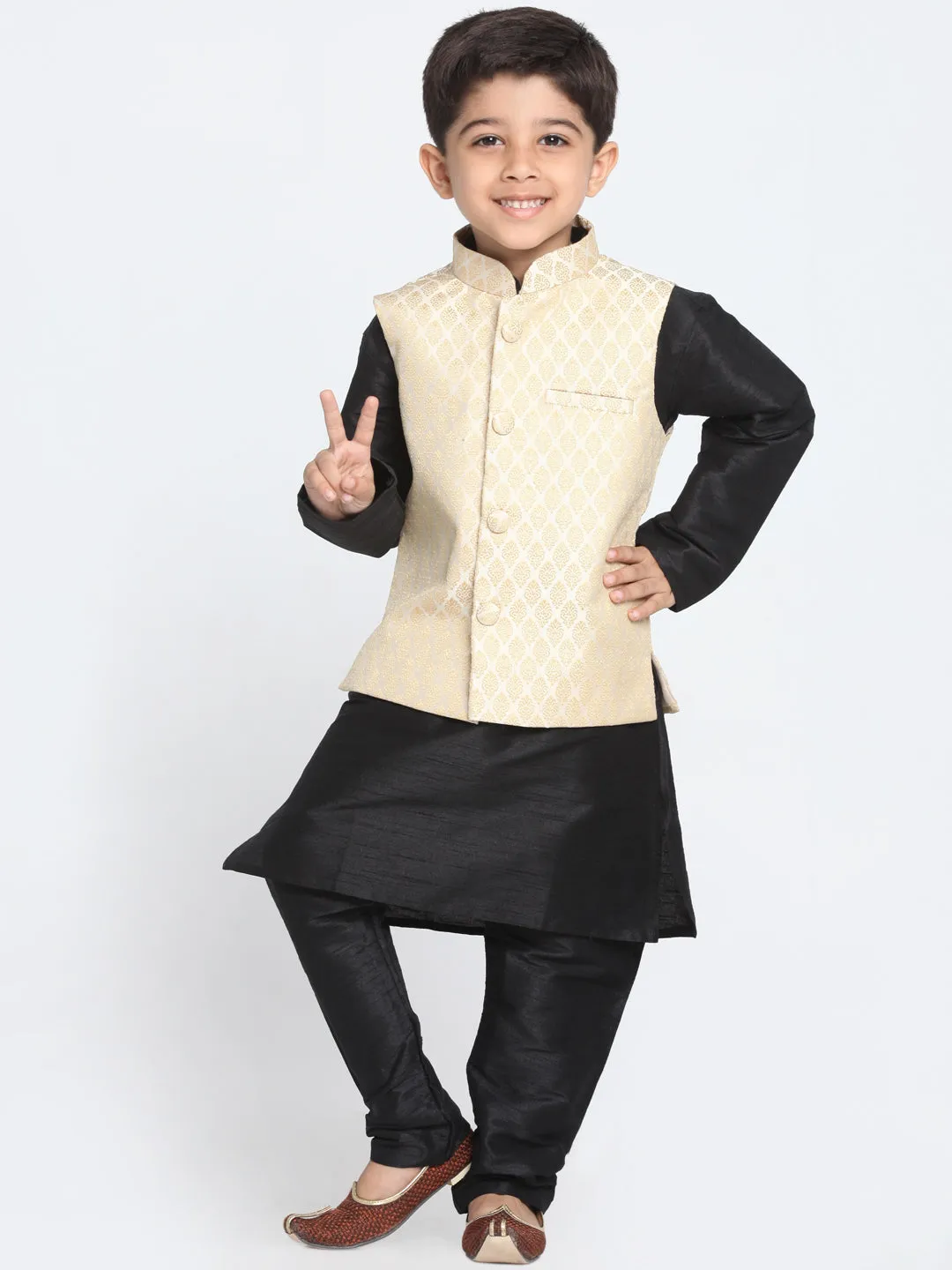 Jashvi Cream and Black Color Silk Blend  Baap Beta Jacket Kurta Pyjama set