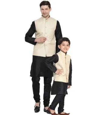 Jashvi Cream and Black Color Silk Blend  Baap Beta Jacket Kurta Pyjama set