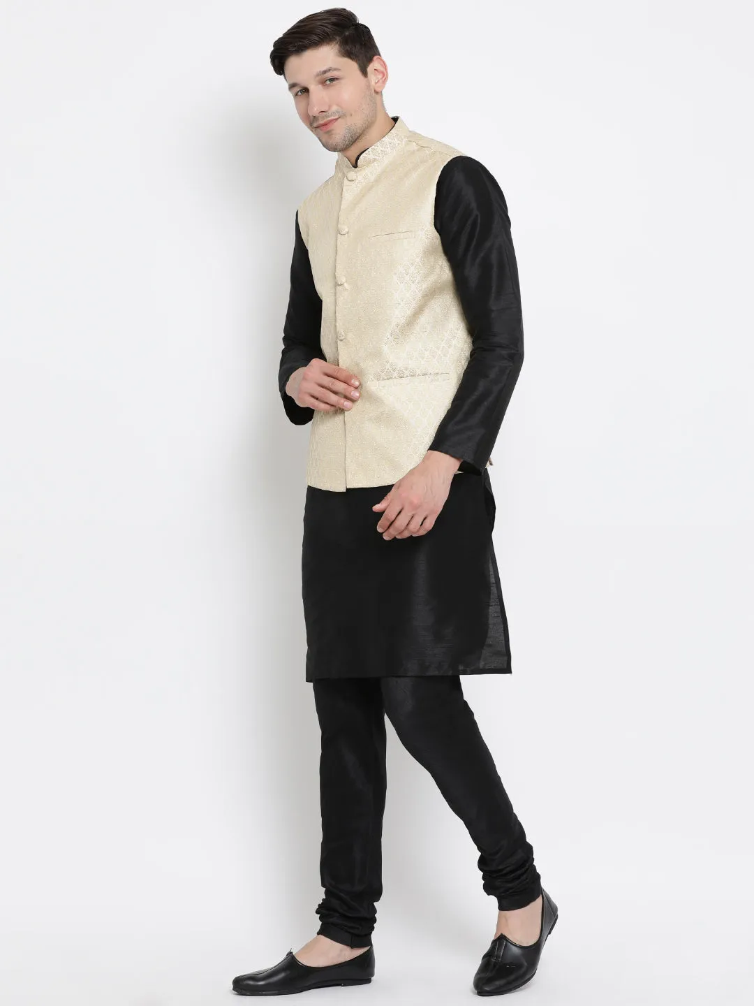 Jashvi Cream and Black Color Silk Blend  Baap Beta Jacket Kurta Pyjama set