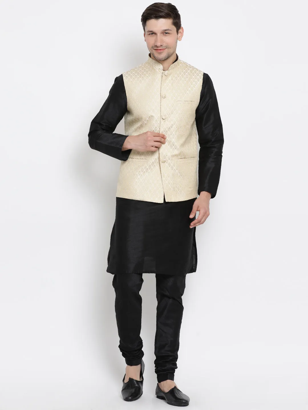 Jashvi Cream and Black Color Silk Blend  Baap Beta Jacket Kurta Pyjama set