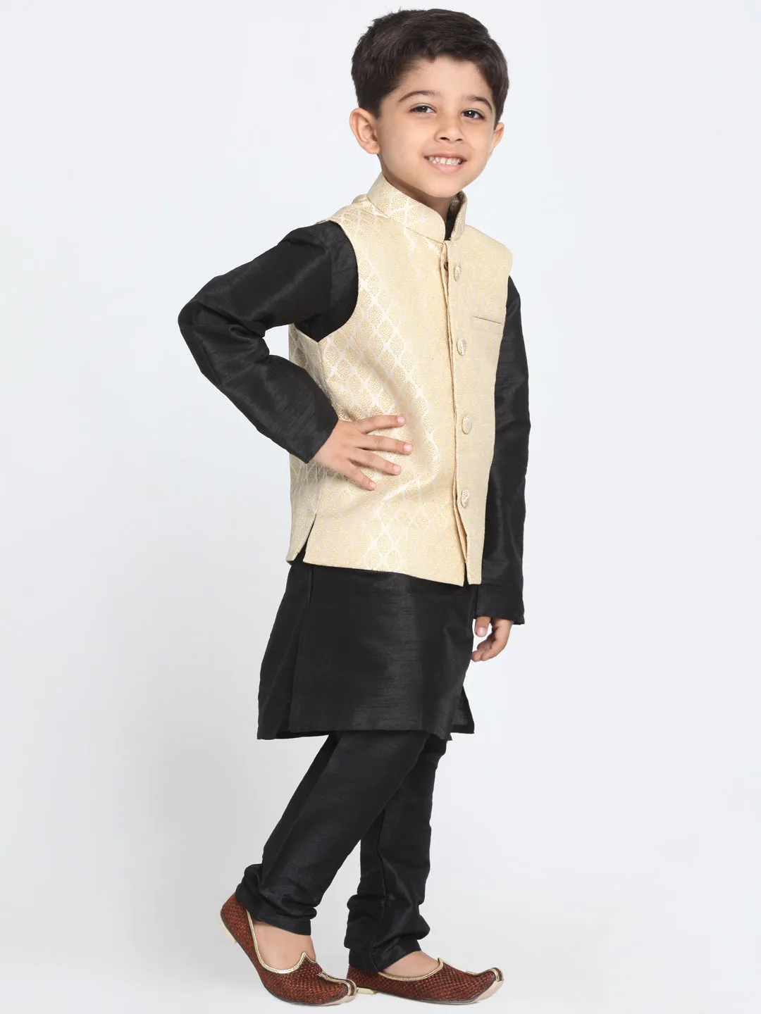 Jashvi Cream and Black Color Silk Blend  Baap Beta Jacket Kurta Pyjama set